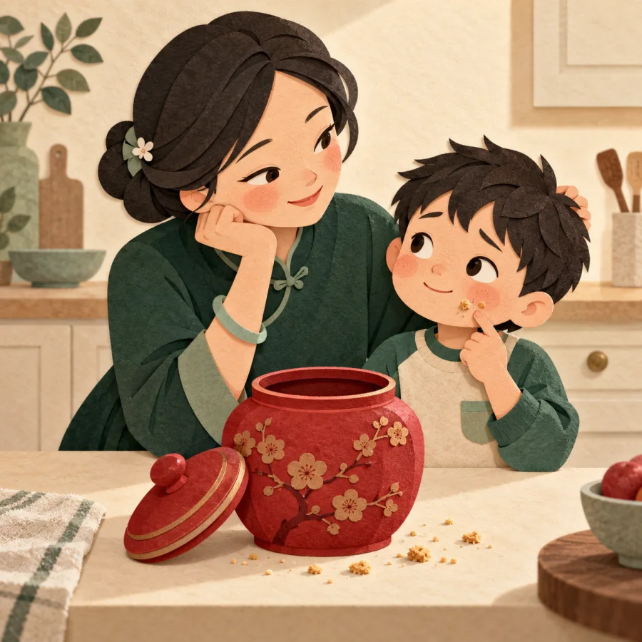 A mother smiles understandingly at a boy beside an empty cookie jar