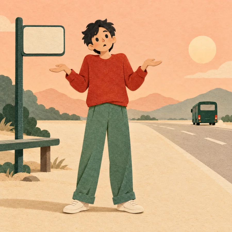 A person shrugs helplessly at a stop as the bus drives away