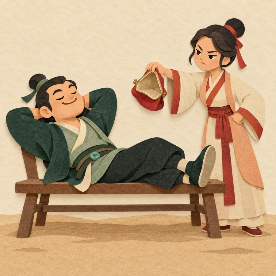An insolent man lounges while another person holds an empty purse