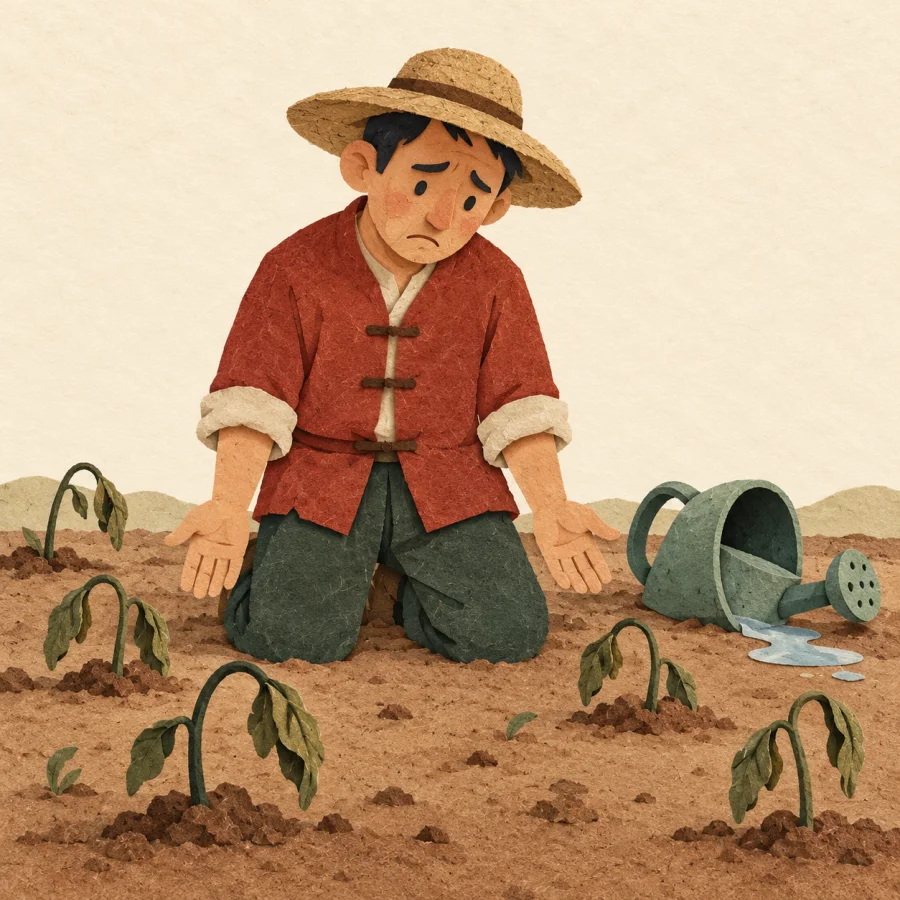 A kneeling farmer with limp hands beside wilted sprouts