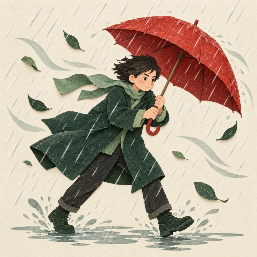 A person walks on through wind and rain with a red umbrella