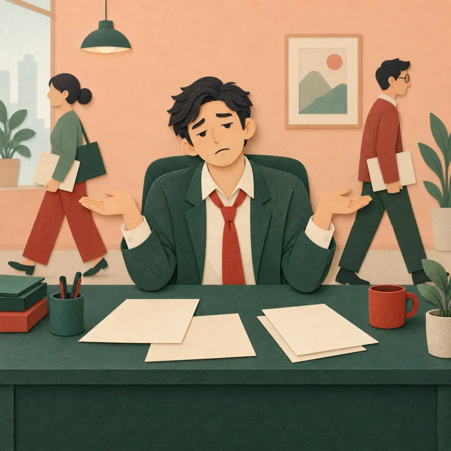 A slumped figure at a desk scattered with unfinished papers