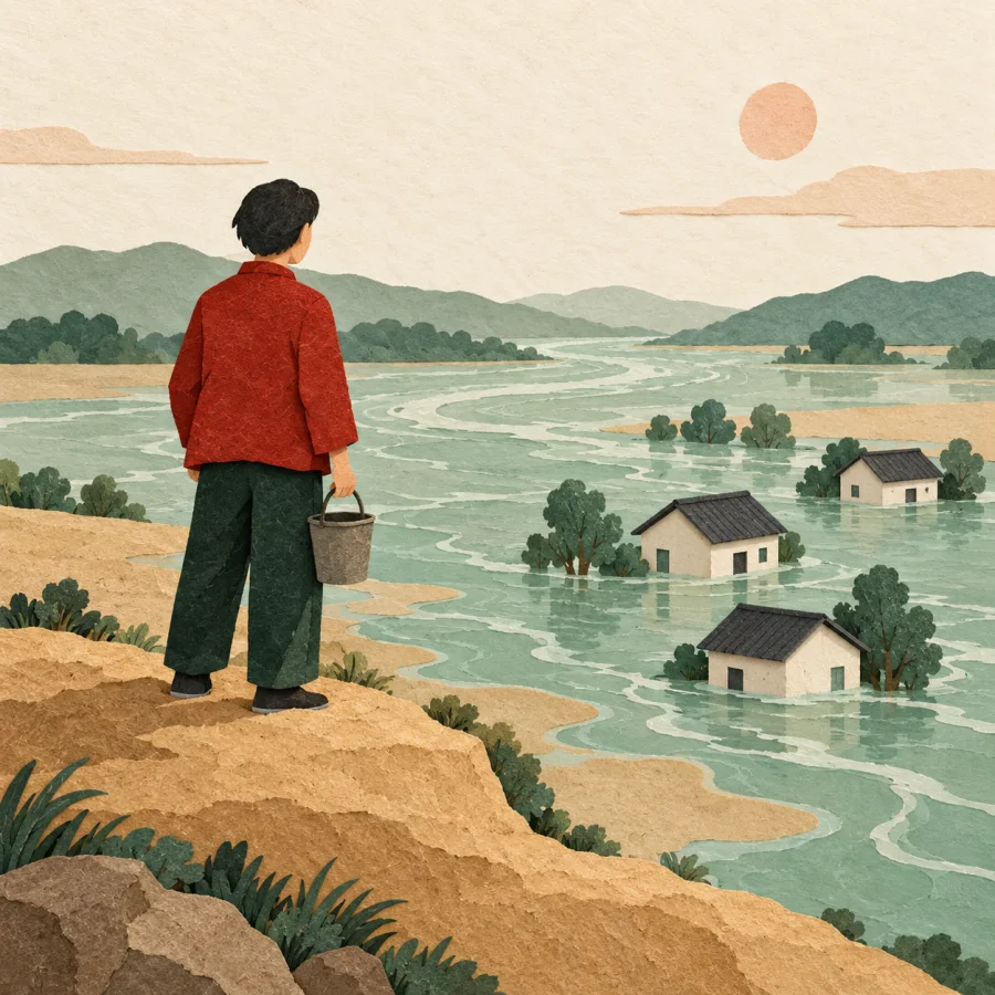 A person on high ground watches a river overflow toward houses