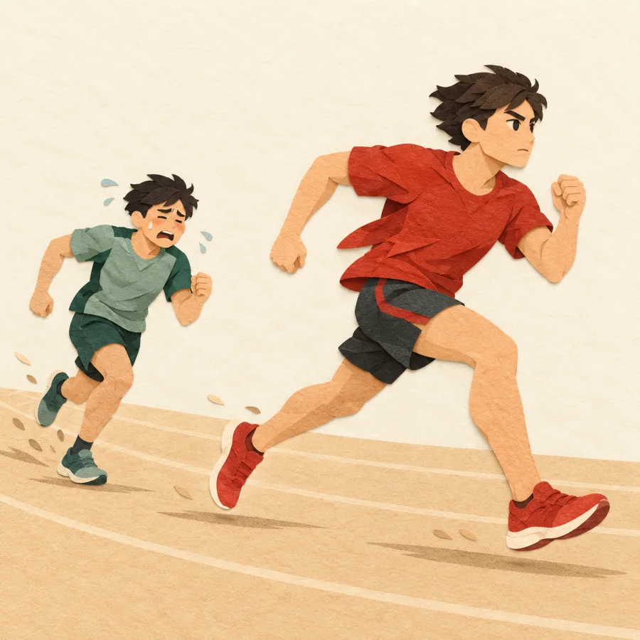 A runner sprints ahead without helping one falling behind