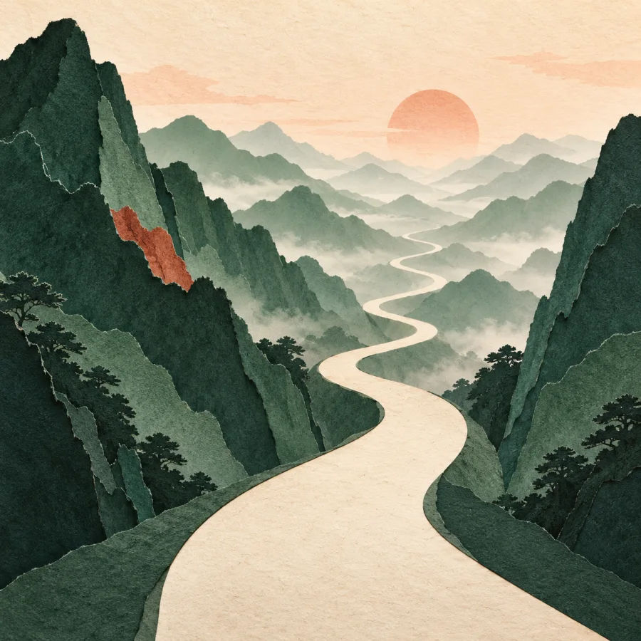 A cream road winding endlessly between green mountains