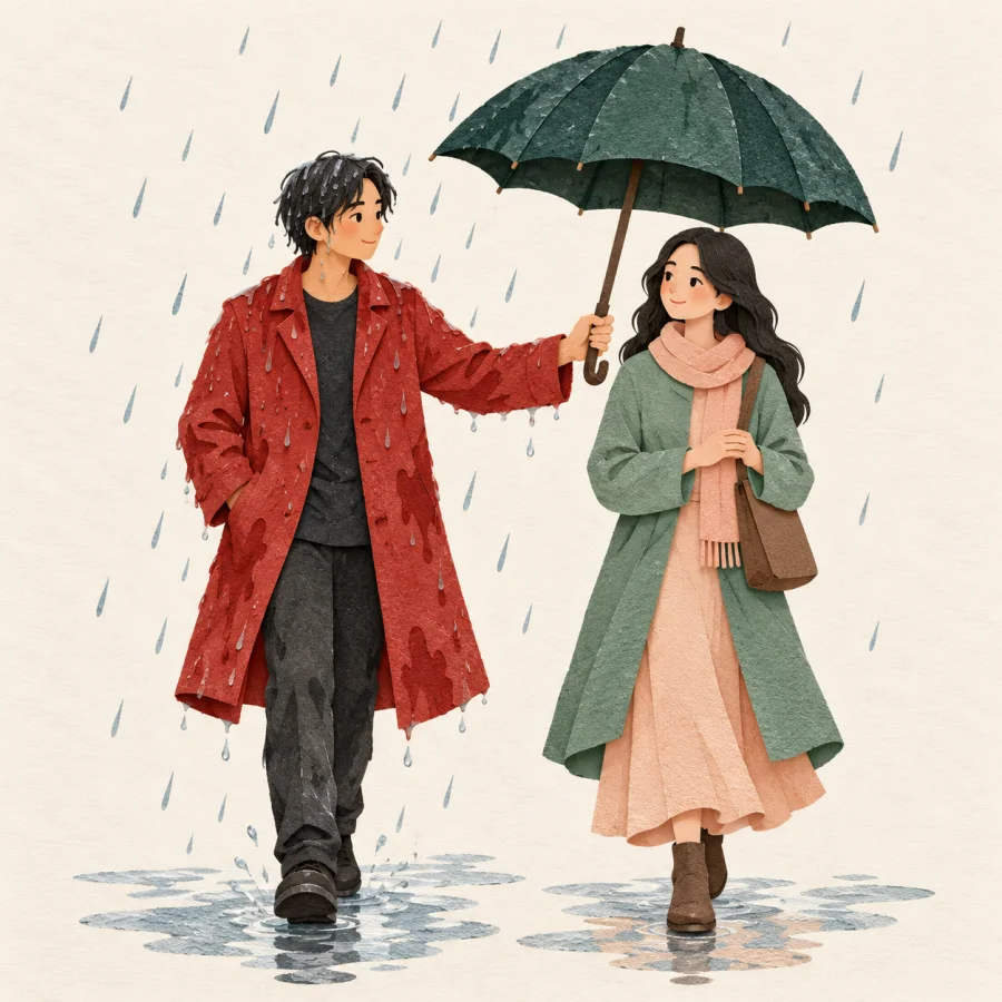 A person shielding a stranger with their umbrella in the rain