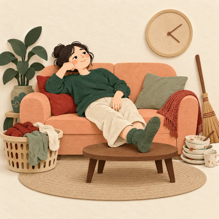 A person lounging idly on a sofa beside a clock