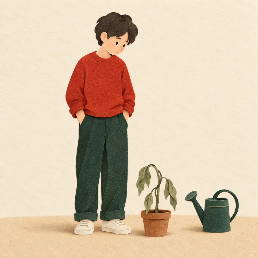 A person standing motionless beside a wilting plant