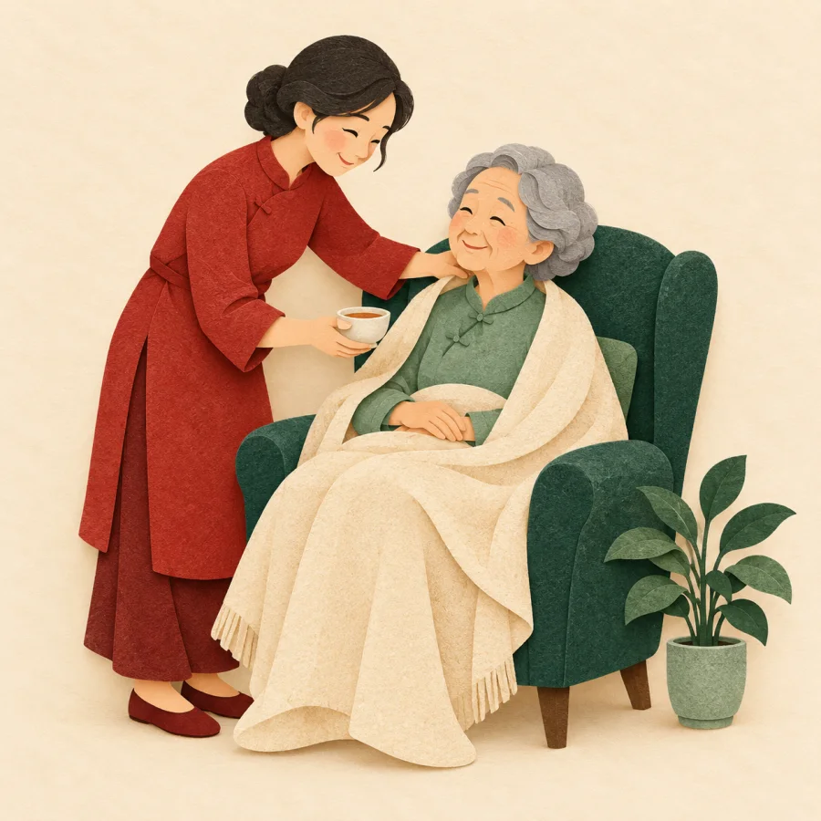 A caregiver tucks a blanket around an elderly person and offers tea