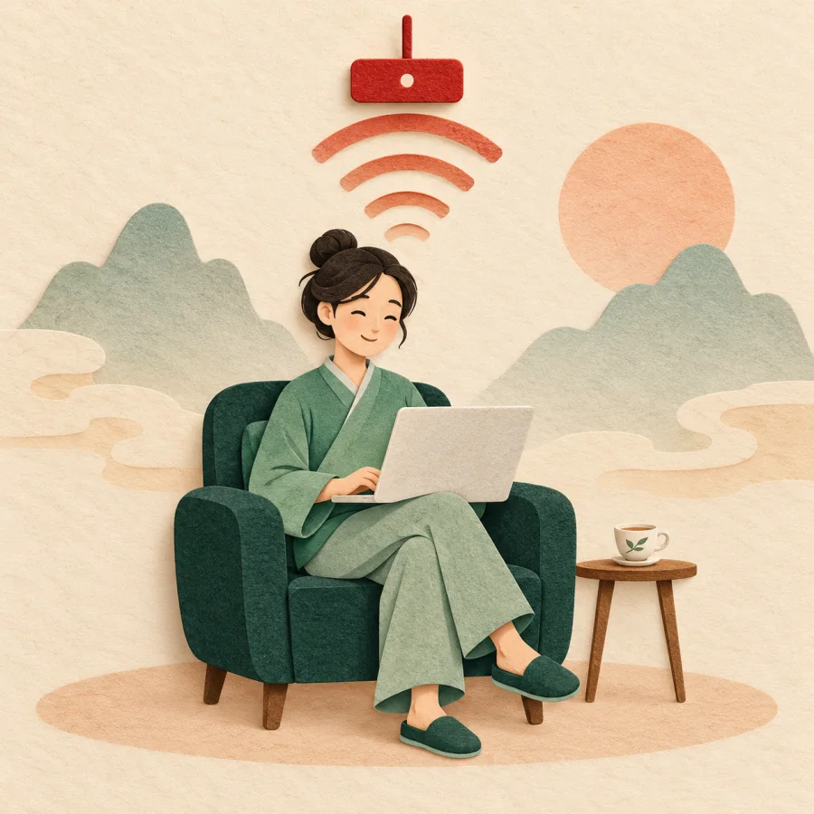 A person with a laptop beside a small transmitter radiating signal waves