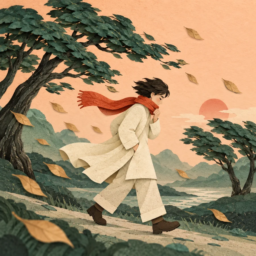 Trees lean from invisible wind around a walking person amid floating leaves