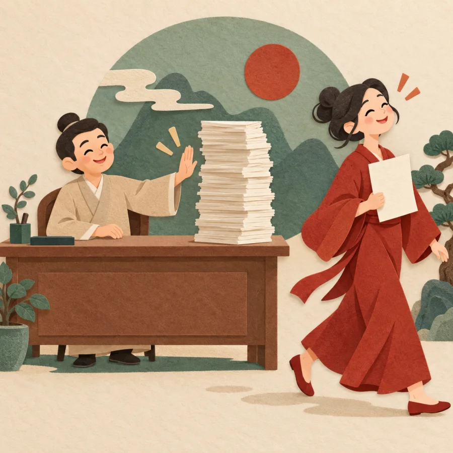 A clerk waves away extra forms as a visitor leaves holding one sheet