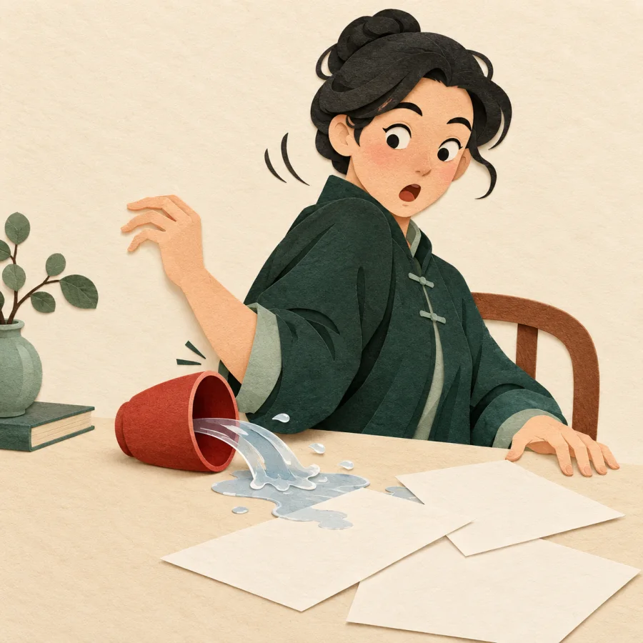 An elbow accidentally knocks over a red cup, water spilling onto papers