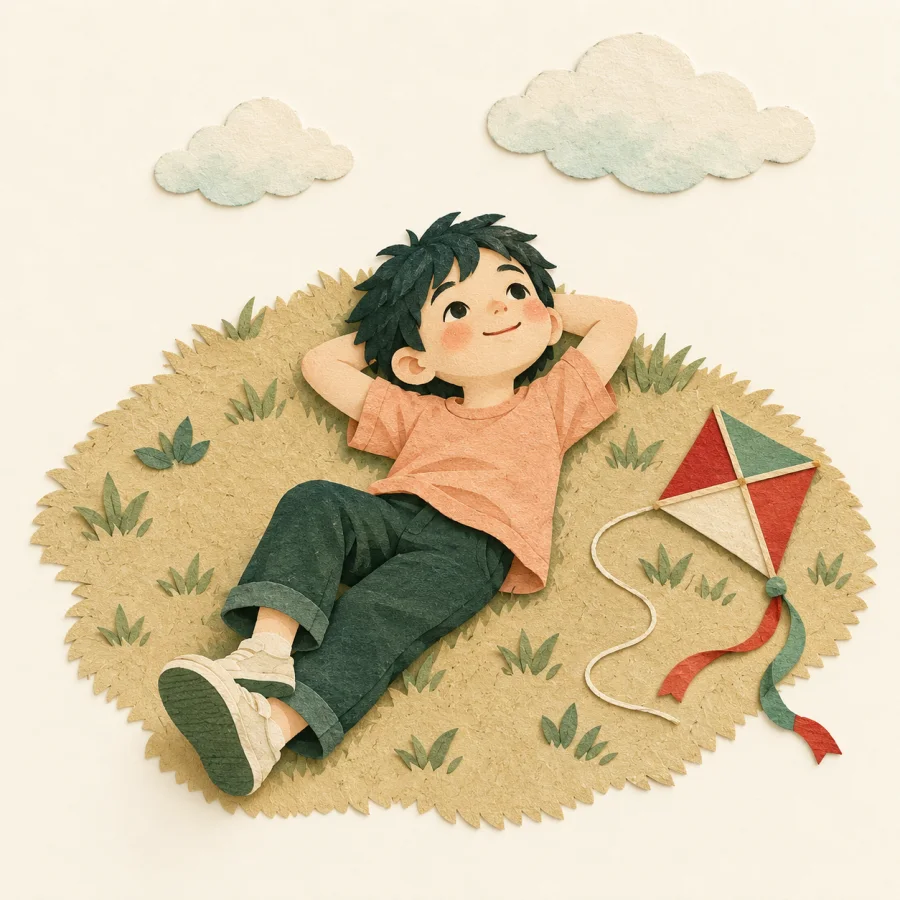 A child lies on the grass, happily watching clouds drift by