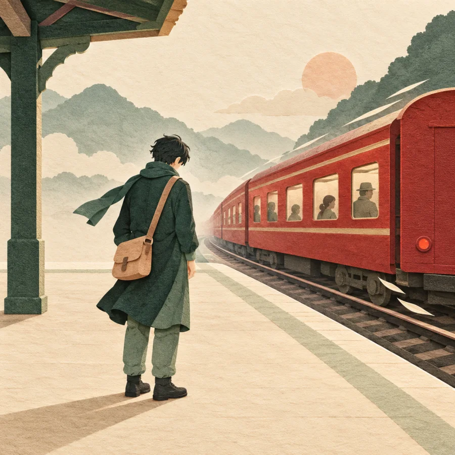 A traveler watches from the platform as the train leaves without him