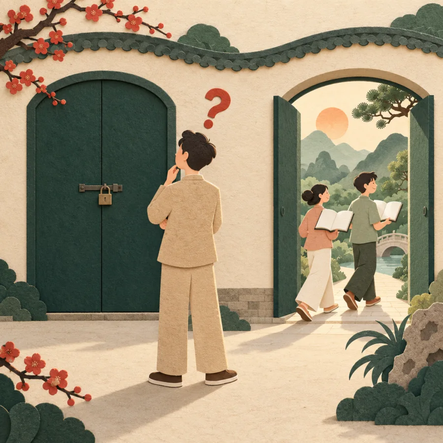A person stands at a closed door while others enter through open gates