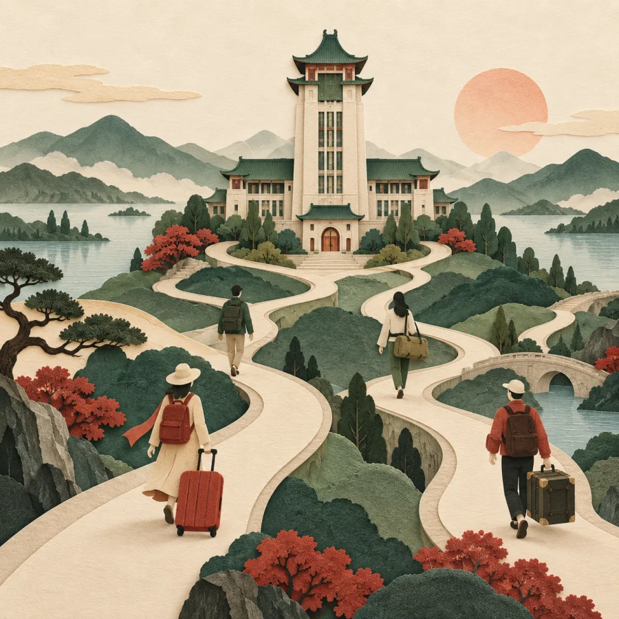 Travelers converge on a university from many distant paths