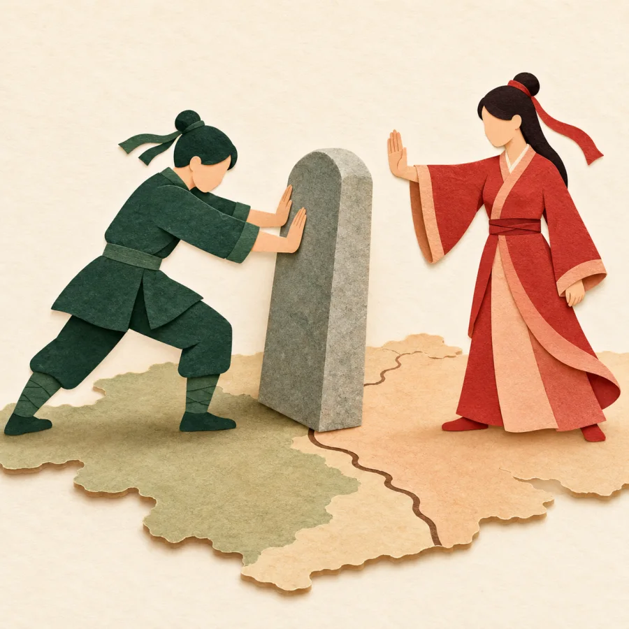 One figure pushes a boundary stone on a map, another blocks him