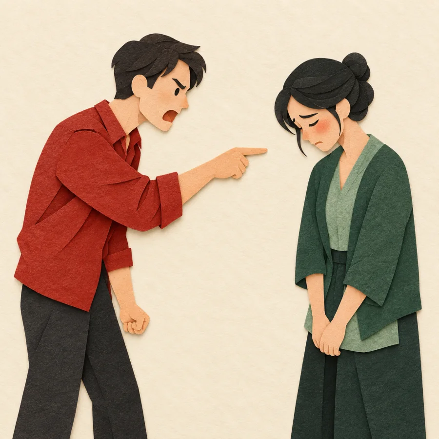 A pointing figure humiliates another who bows their head