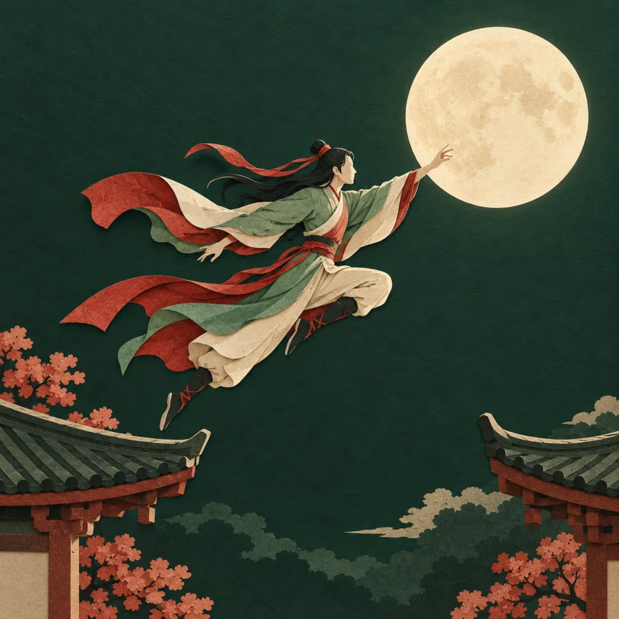 A robed hero leaps across rooftops toward the moon