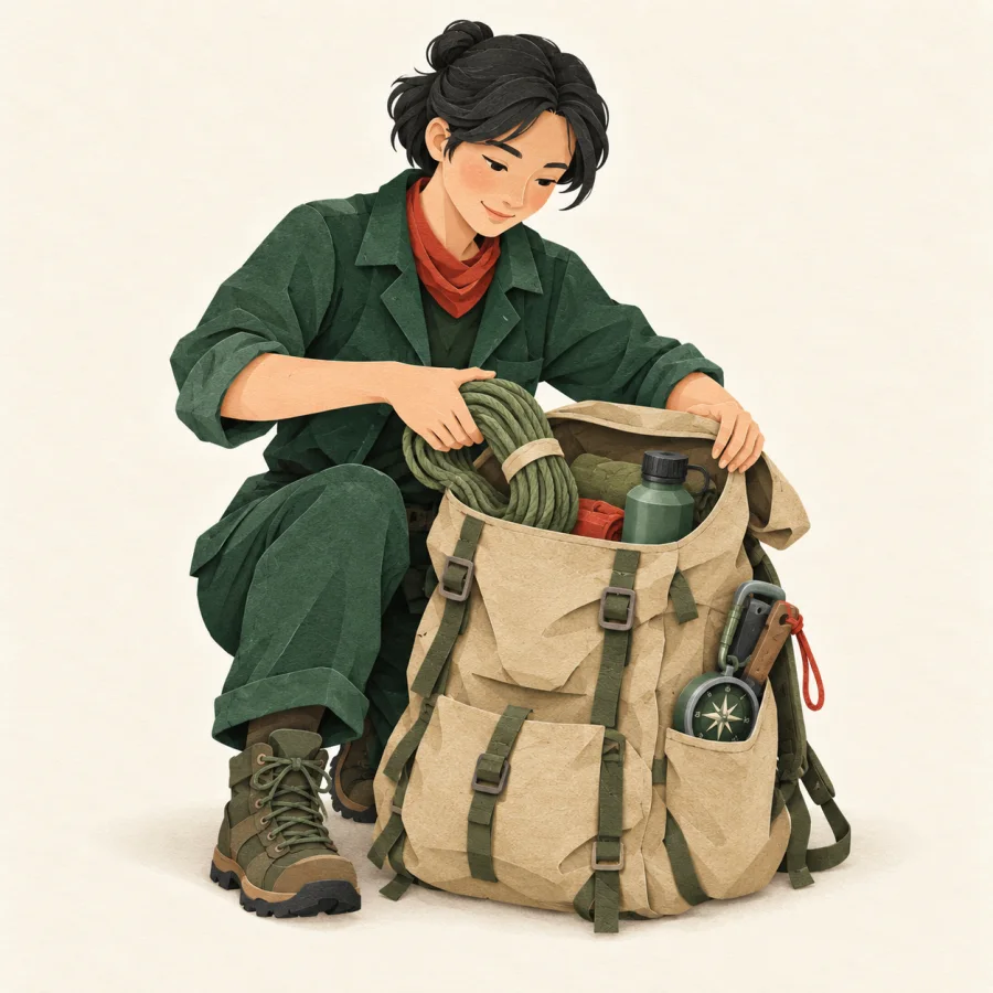 A person packing gear and tools into a backpack before a journey