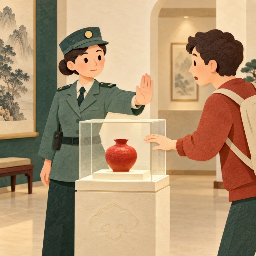 A guard raises an open palm to stop a visitor reaching toward a glass case