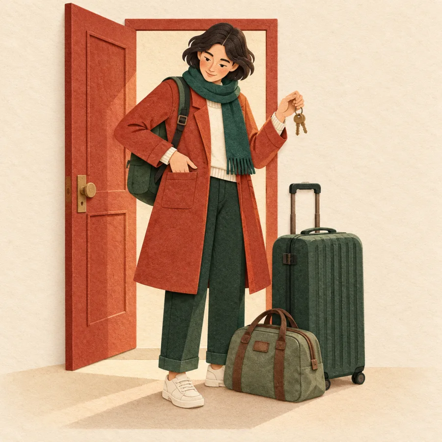 A traveler pats pockets and checks a packed suitcase before leaving