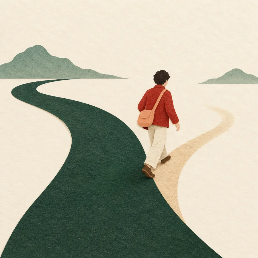 A traveler takes a fading side path instead of the clear main road at a fork