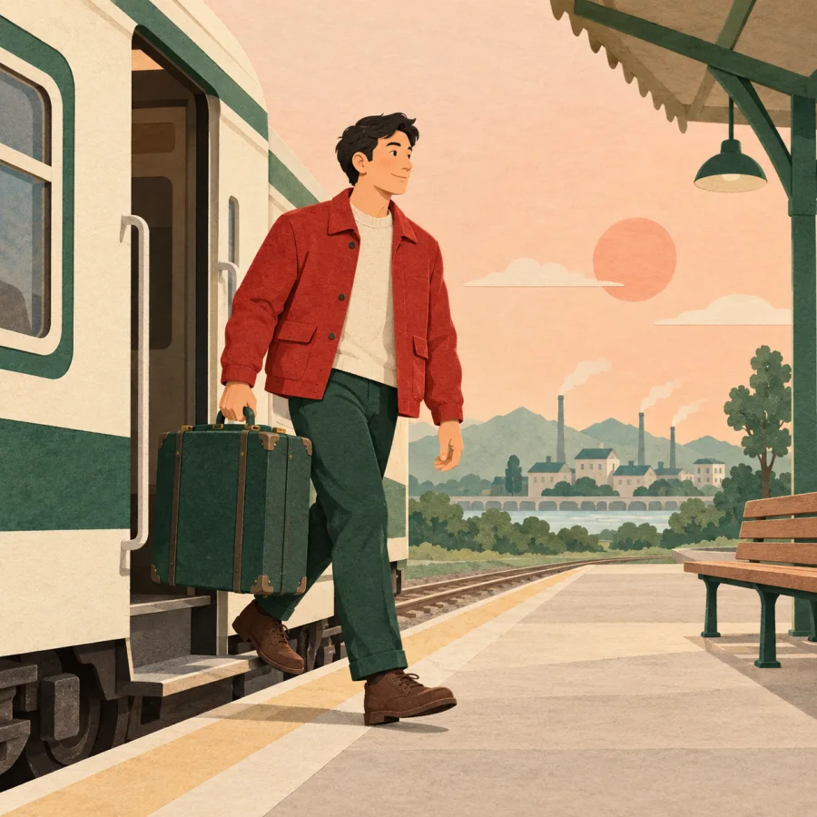 A man with a suitcase steps off a train on his way to work in the city