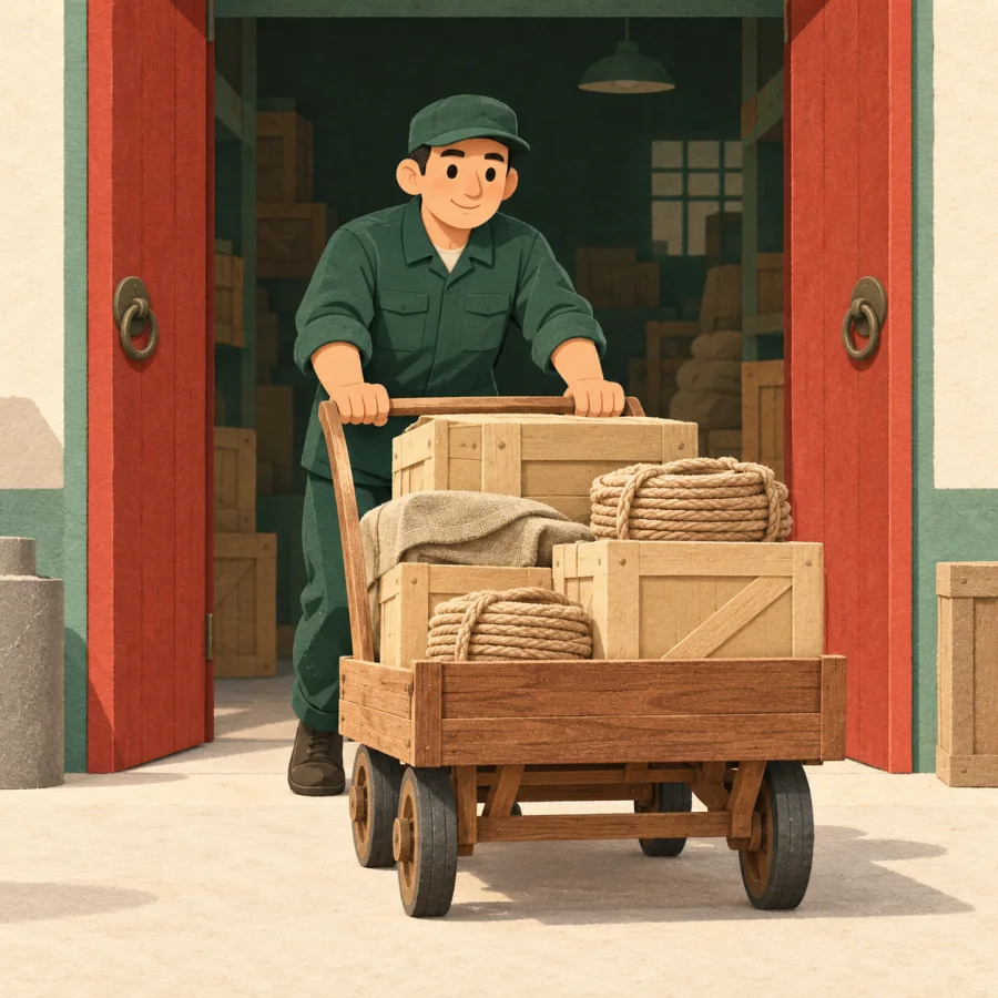 A worker pushes a cart of crates and rope coils out of a warehouse
