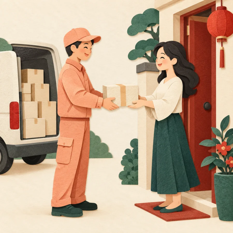 A courier in a soft peach uniform hands a parcel to a woman at her door