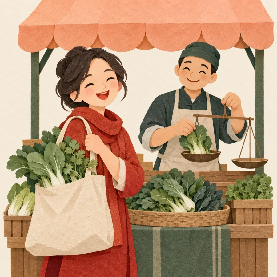 A customer holds a bag of vegetables at a market stall beside the seller