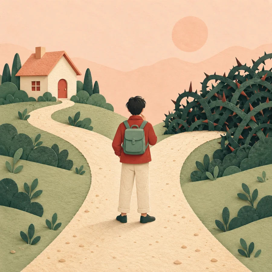 A traveler stands at a fork: one path leads to a house, the other into bushes