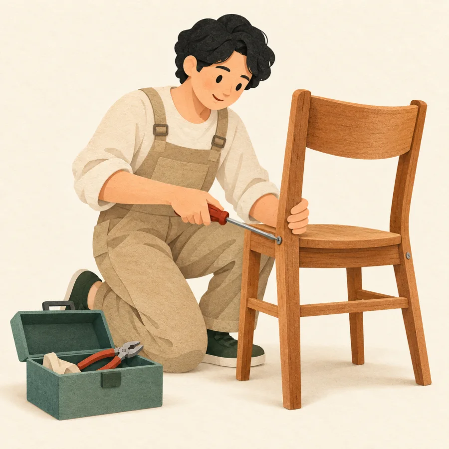 A person in overalls tightens screws on a wooden chair with simple tools