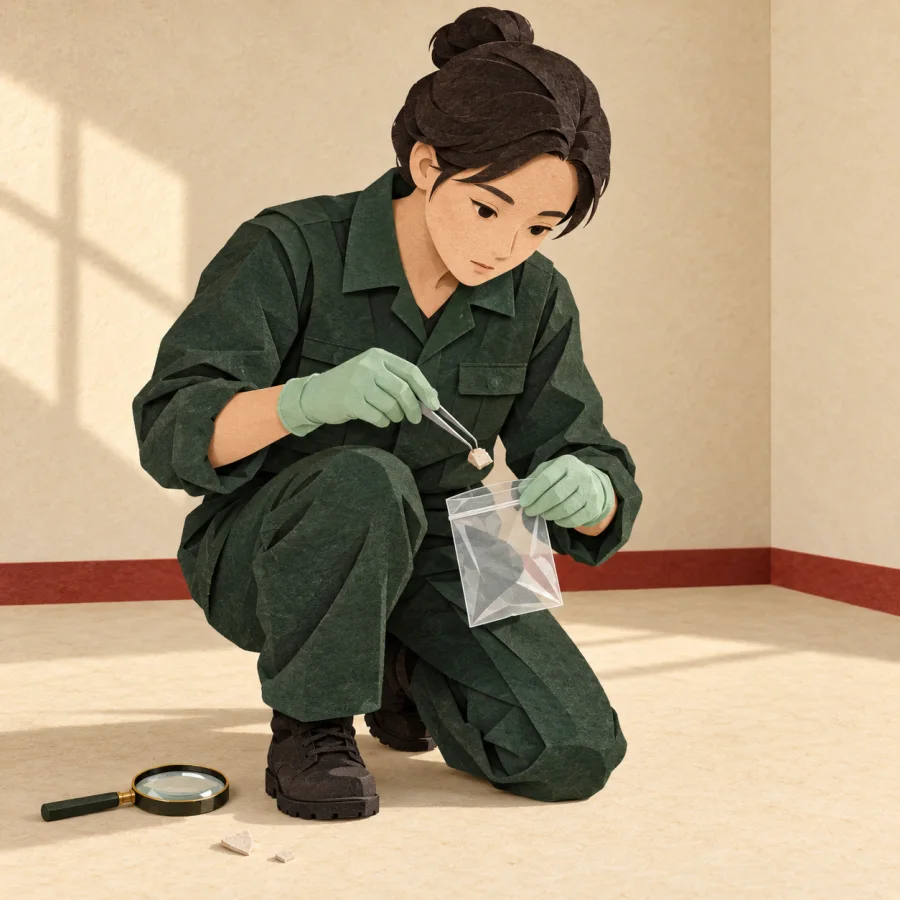 A gloved investigator tweezes a small fragment into a clear evidence bag