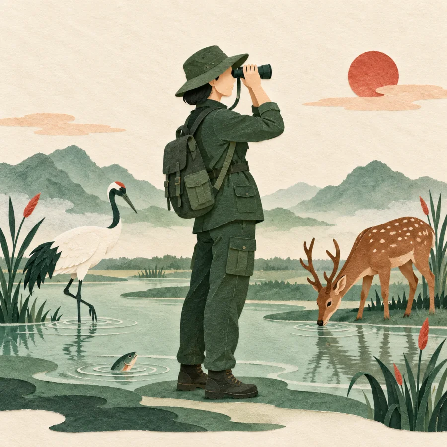 A watcher with binoculars observes a crane, fish and deer near a wetland