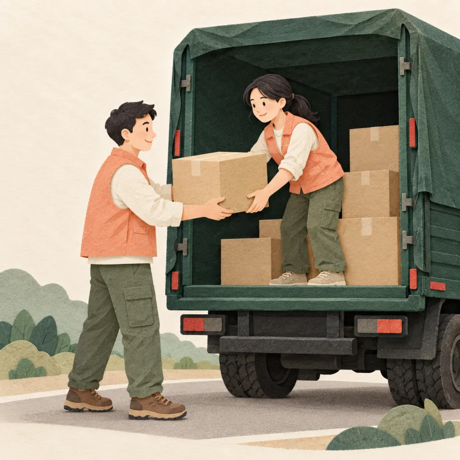 Volunteers stack cardboard supply boxes into the back of a truck
