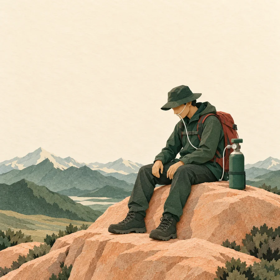 A hiker sits on a rock at a high plateau, breathing wearily