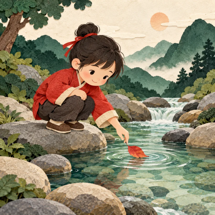 A child drops a leaf into a clear mountain stream