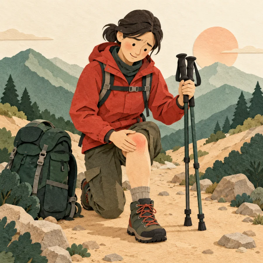 A hiker rubs a sore knee while holding trekking poles