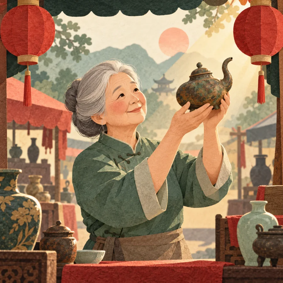 A grandmother closely examines a rare old teapot