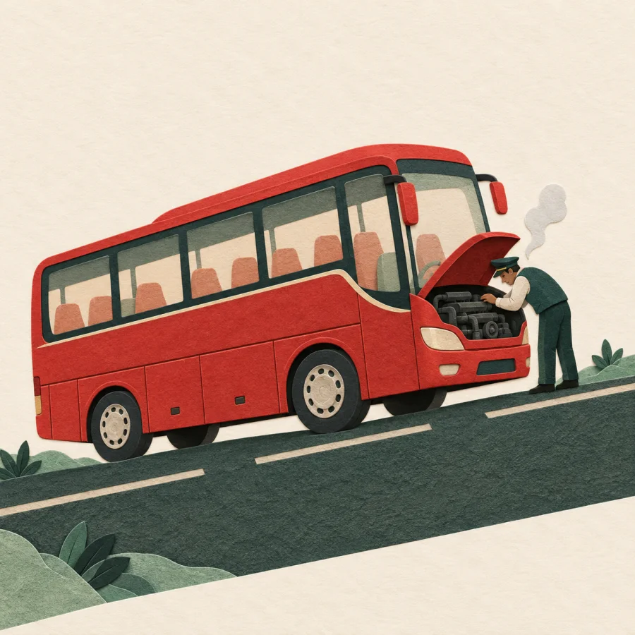 A stalled bus on a slope, the driver standing by the hood