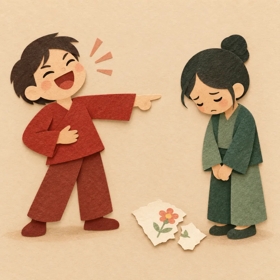 One person laughing at another who stands head bowed