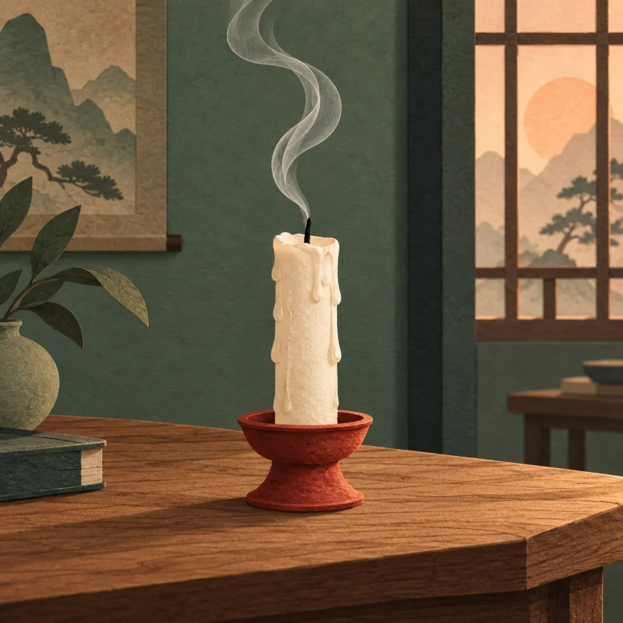 An extinguished candle with a thin wisp of smoke