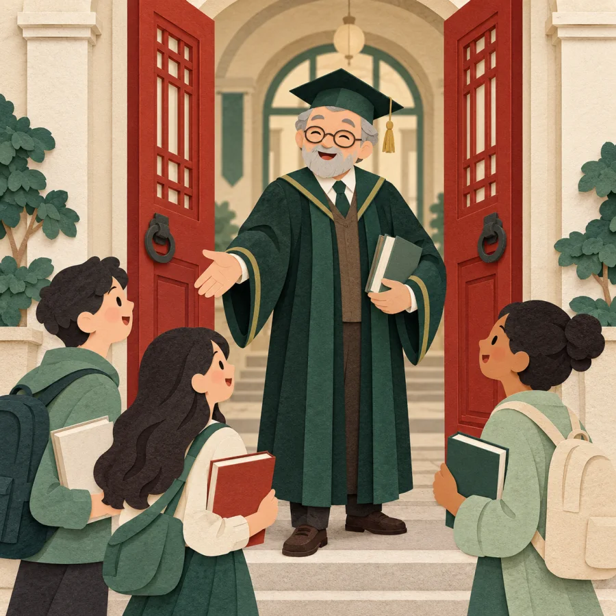 A professor welcoming new students through open doors