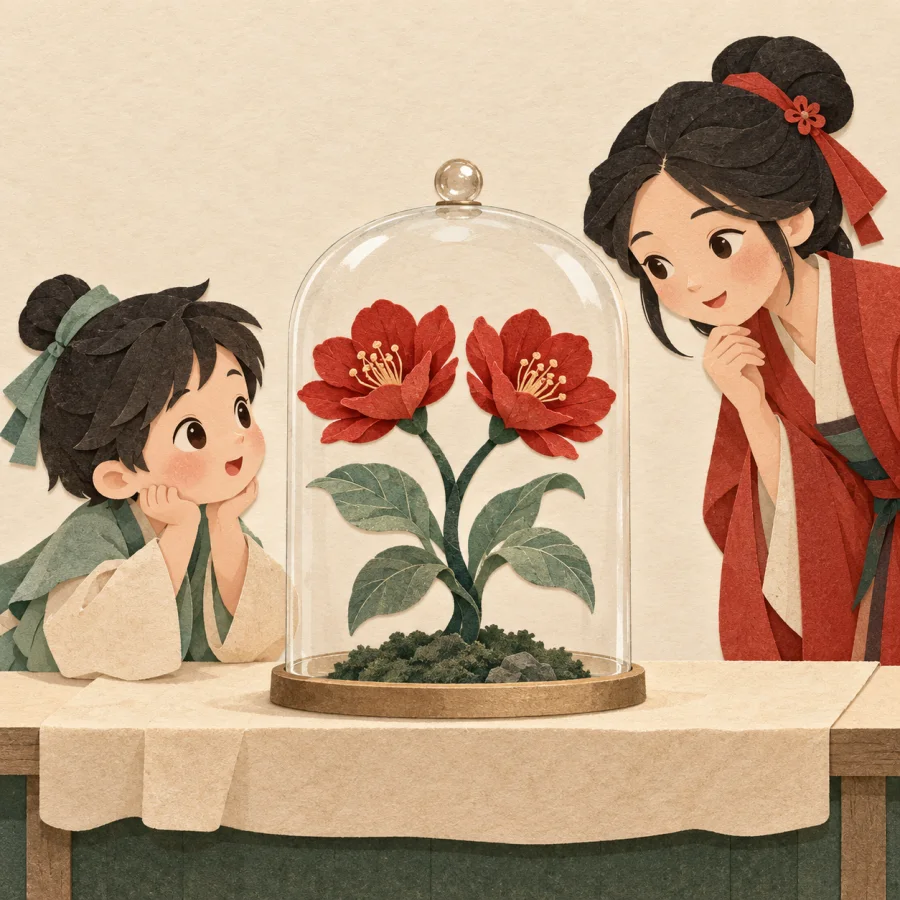 A child gazes at a rare plant under a glass dome