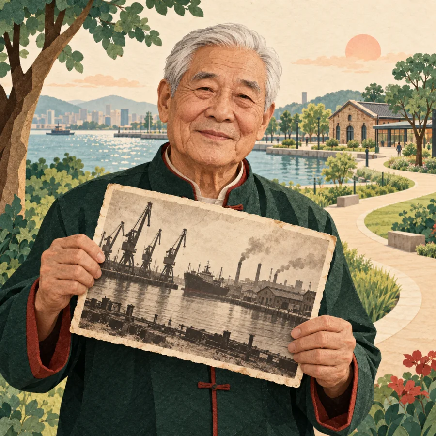 An old man holds a photo of a former harbour by a modern park