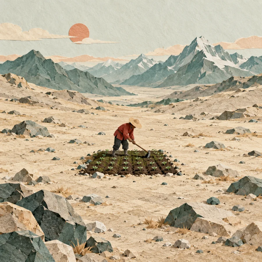 A farmer tills a small patch on a barren high plateau