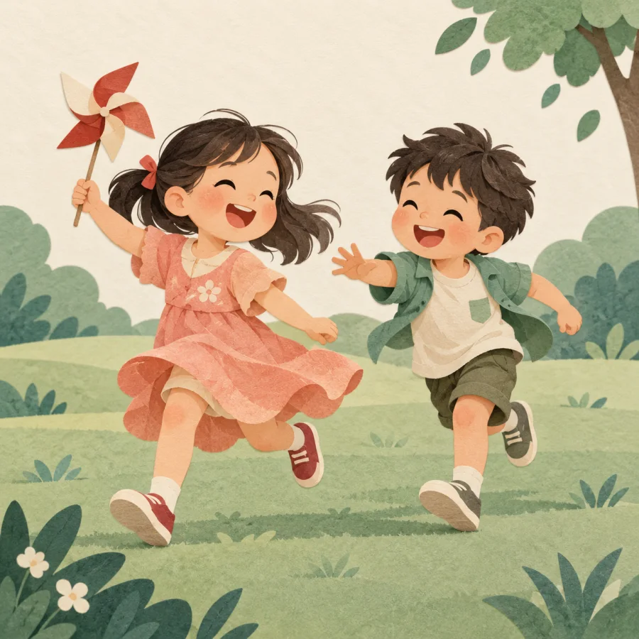 Children laugh and chase each other on park grass