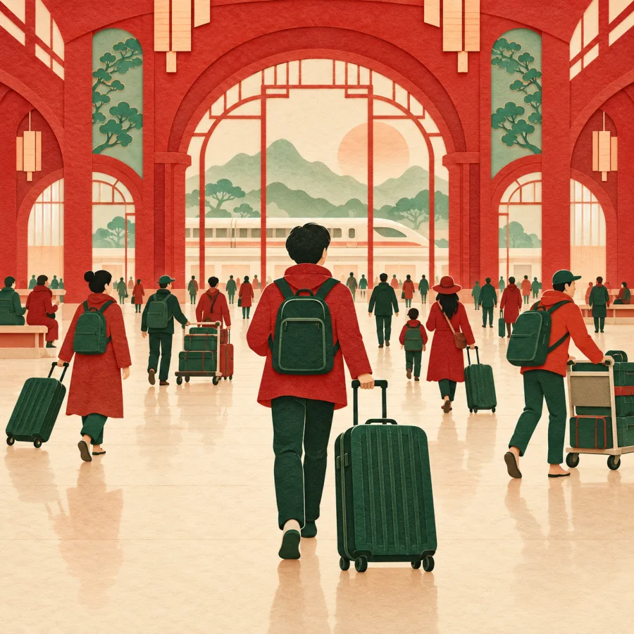 Travelers dragging suitcases through a crowded station hall
